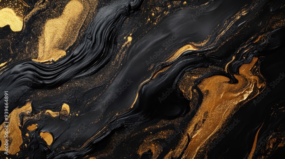 Aufkleber abstract black and gold fluid art with swirling patterns and shimmering textures.