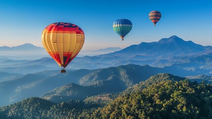 Obraz premium Vibrant hot air balloons soar gracefully over the majestic mountain peaks of Dot Inthanon, casting an enchanting tapestry against the clear blue sky of Chiang Mai, Thailand. 