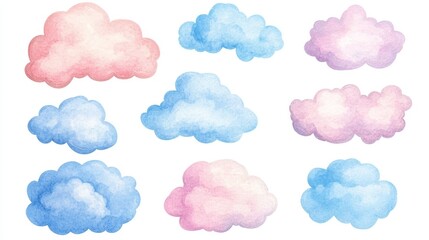 Clouds set. White background. Watercolor illustrations