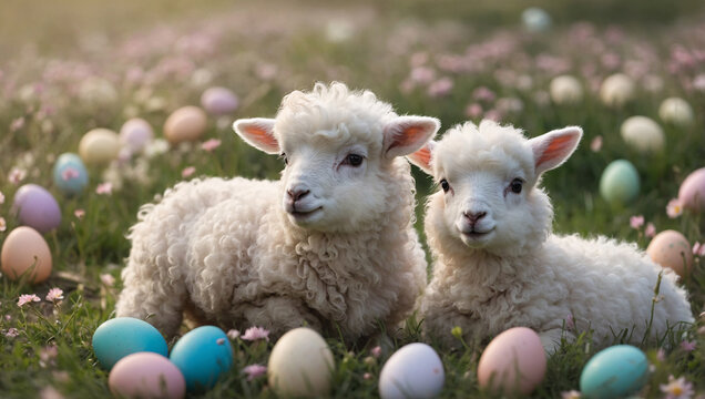 An adorable illustration of fluffy lambs playing in a field of flowers, with pastel-colored Easter eggs scattered around, drawn in soft