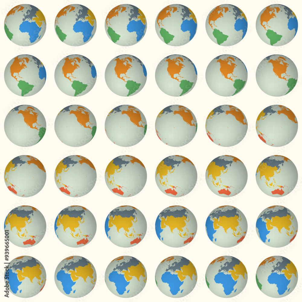 Poster collection of earth globes. slanted sphere view. rotation step 10 degrees. colored continents style.
