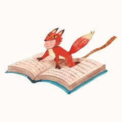 Red fox kid and book. children illustration. watercolor vector. animal cartoon. reading and education concept artwork.