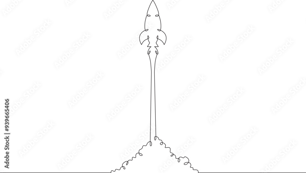 Poster continuous one line drawing spaceship takeoff. rocket launch. space. one continuous line isolated mi