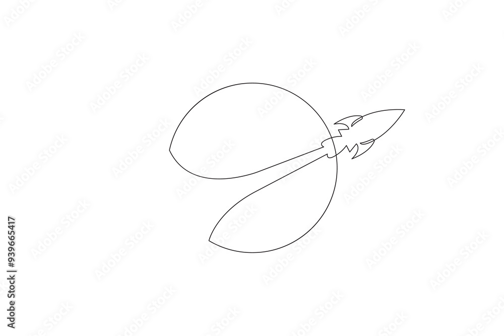 Poster continuous one line drawing spaceship flyby around the planet. rocket launch. space logo.one continu