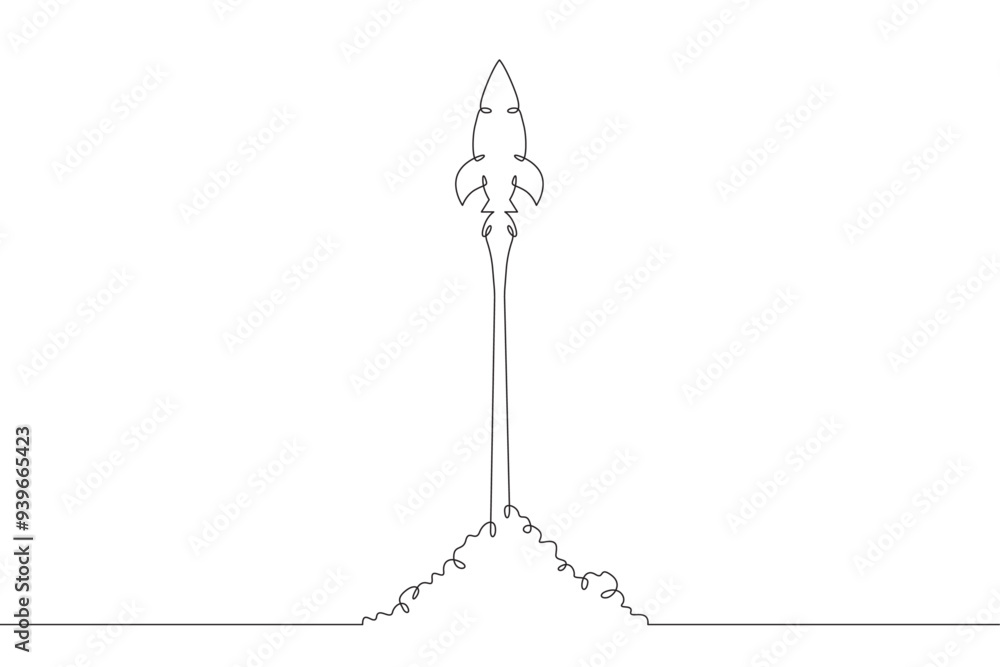 Poster continuous one line drawing spaceship takeoff. rocket launch. space. one continuous line isolated mi