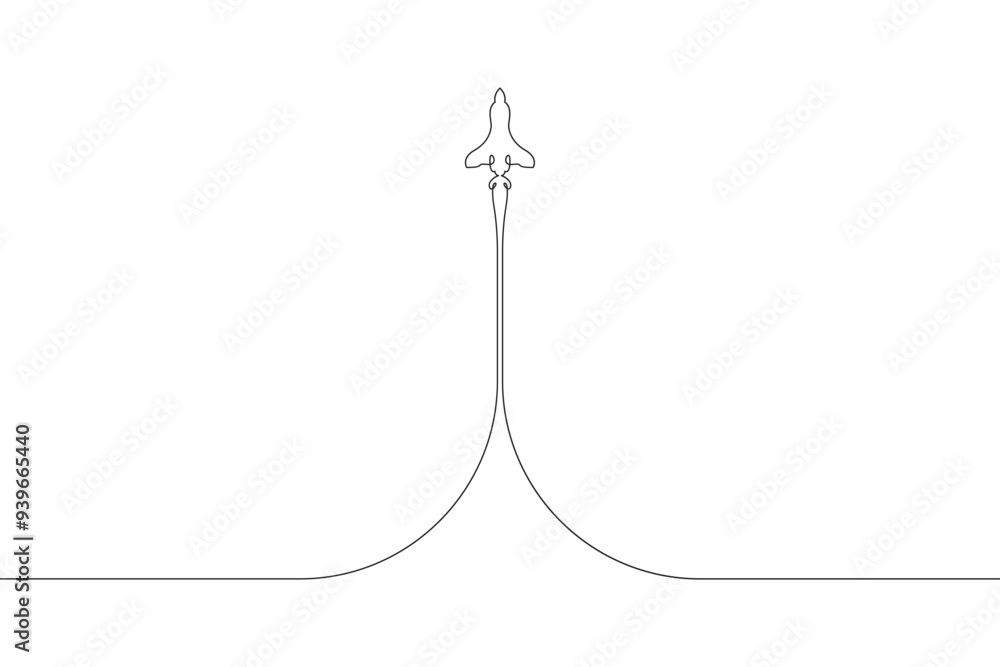 Poster continuous one line drawing spaceship takeoff. rocket launch. space. one continuous line isolated mi