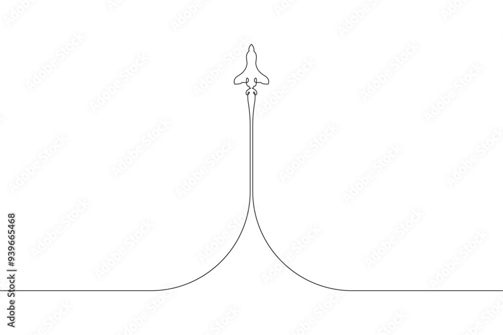 Poster continuous one line drawing spaceship takeoff. rocket launch. space. one continuous line isolated mi