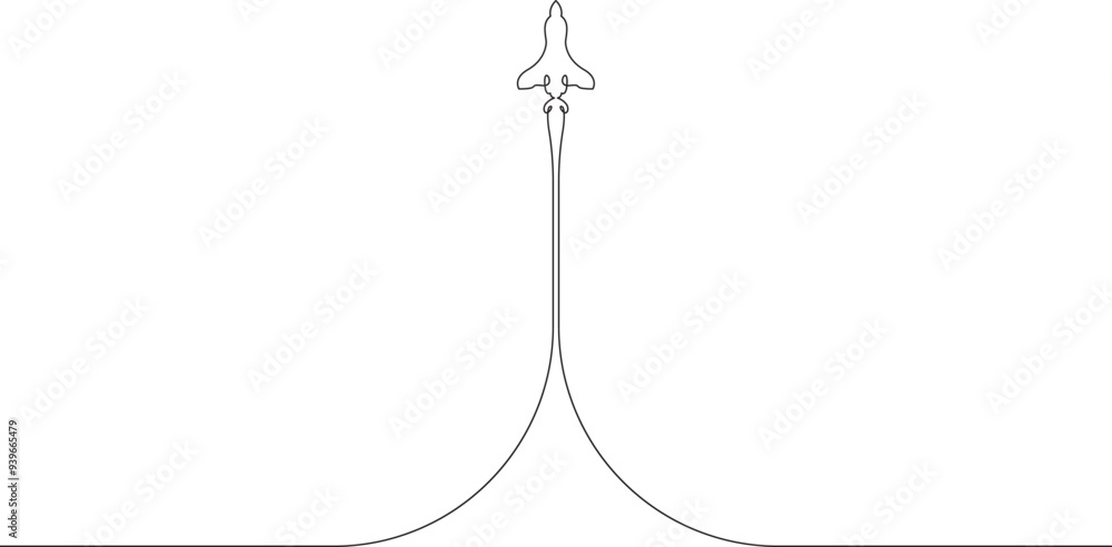 Poster continuous one line drawing spaceship takeoff. rocket launch. space. one continuous line isolated mi