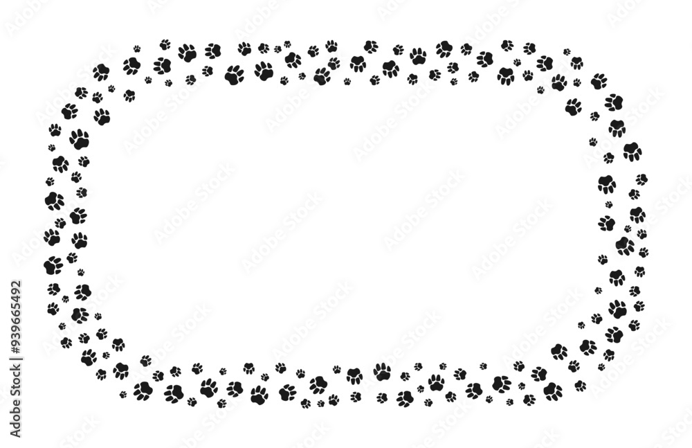 Poster rectangular frame with animal paw print ornament with blank space for text and images. border of dog
