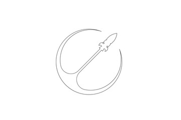 Continuous one line drawing spaceship flyby around the planet. Rocket launch. Space logo.One continuous line isolated minimal illustration.