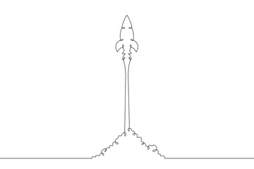 Continuous one line drawing spaceship takeoff. Rocket launch. Space. One continuous line isolated minimal illustration.