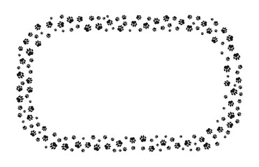 Rectangular frame with animal paw print ornament with blank space for text and images. Border of dog or cat paw prints. Frame with paw prints of pets for decoration of shop windows, websites, etc