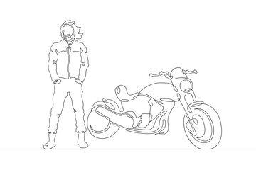 Continuous one line drawing biker standing by his motorcycle. Motorcyclist by his bike. Motorcycle racing driver. One continuous line isolated minimal illustration.