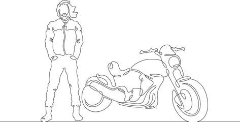 Continuous one line drawing biker standing by his motorcycle. Motorcyclist by his bike. Motorcycle racing driver. One continuous line isolated minimal illustration.