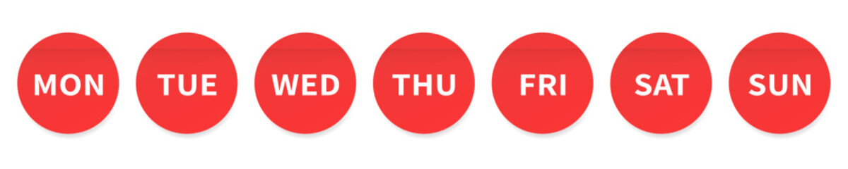 Days of the week. Set of red round paper stickers. Stick in notes. Sheets of paper. Tag, sticky note. Calendar or weekly planner, schedule organizer. Seven days	