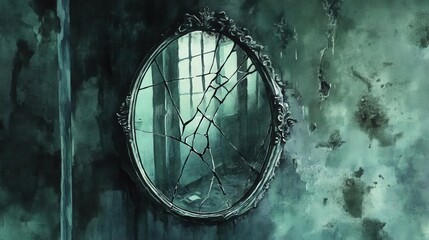 An eerie, broken mirror reflects a haunting atmosphere in a dark, abandoned room filled with decay.