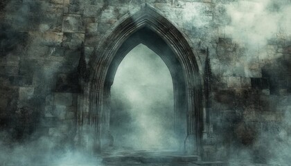 Mysterious archway surrounded by fog, evoking a sense of intrigue and fantasy, set against ancient stone walls.