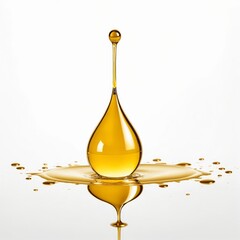 A drop of oil is on a white surface. The drop is small and has a pointy end. The oil is yellow and is reflecting in the water