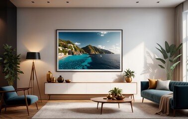 A large framed picture of a beach scene hangs on a wall in a living room. The room is furnished with a couch, a chair, a coffee table, and a potted plant. The atmosphere of the room is calm