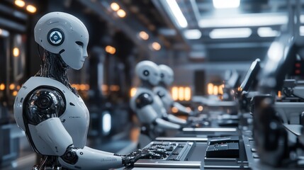 Fototapeta premium A futuristic factory where robots and AI-powered systems are working together seamlessly, showcasing the potential for AI to revolutionize manufacturing