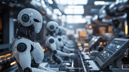 Fototapeta premium A futuristic factory where robots and AI-powered systems are working together seamlessly, showcasing the potential for AI to revolutionize manufacturing