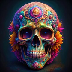 Vibrant skull with intricate floral designs and bright colors displayed prominently. Generative AI