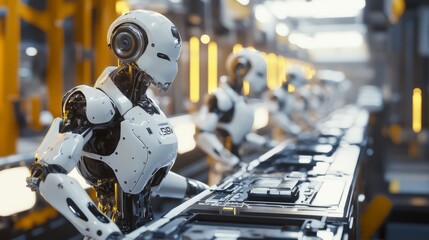 Fototapeta premium A futuristic factory where robots and AI-powered systems are working together seamlessly, showcasing the potential for AI to revolutionize manufacturing