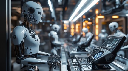 Fototapeta premium A futuristic factory where robots and AI-powered systems are working together seamlessly, showcasing the potential for AI to revolutionize manufacturing