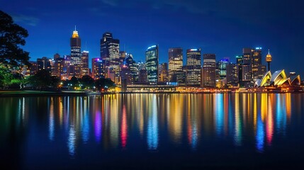 Naklejka premium Iconic city skyline at night, lights reflecting on the water, Scenic Landmarks, Urban Beauty