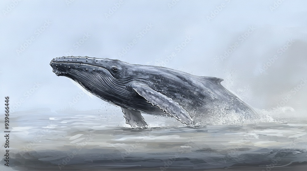 Poster a humpback whale leaps majestically from the water, its head breaking through the surface in a breat