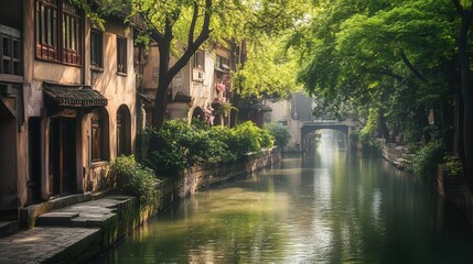 Fototapeta premium Calm river flowing through a city, lined with trees and old buildings, City Relaxation, Waterfront Serenity