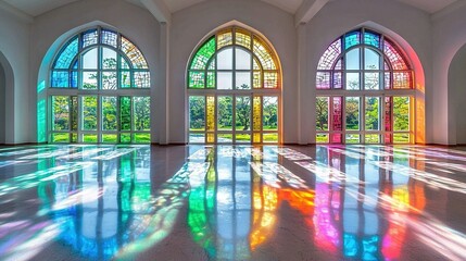Naklejka premium A spacious room featuring numerous windows and a brightly illuminated floor due to the sunlight passing through them
