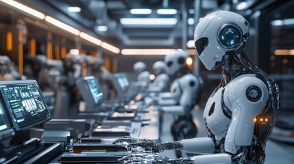 Fototapeta premium A futuristic factory where robots and AI-powered systems are working together seamlessly, showcasing the potential for AI to revolutionize manufacturing