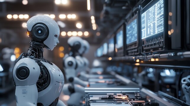 A futuristic factory where robots and AI-powered systems are working together seamlessly, showcasing the potential for AI to revolutionize manufacturing