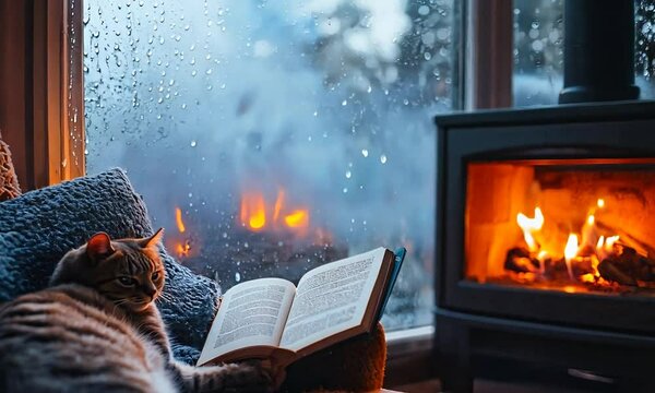 a cat laying on a couch next to a fire place