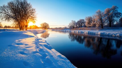 Beautiful winter sunrise over a snowy riverbank, reflecting the vibrant sky and snow-covered trees in the still water.