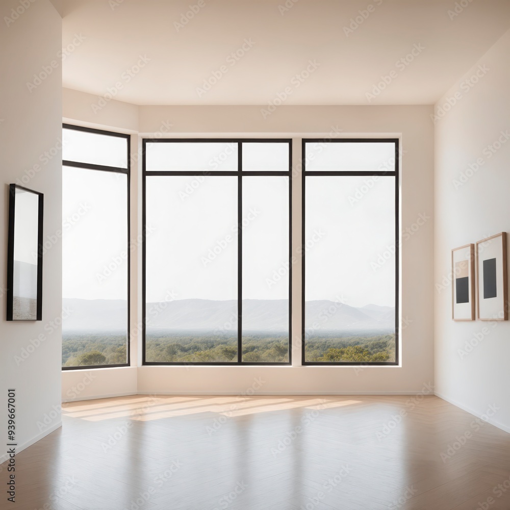 Wall mural a large room with a view of the mountains. the room is empty and has a minimalist design