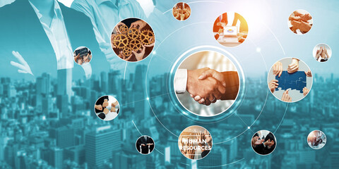 Teamwork and human resources HR management technology concept in corporate business with people...