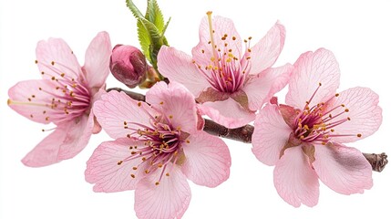   A close-up of a cherry tree's branch with pink blossoms and green foliage on a white background