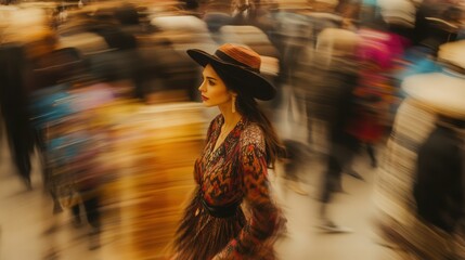 A woman in a hat walks through a bustling crowd at a marketplace