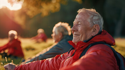A close-up photograph of an elderly man in a red jacket, smiling while stretching in a group exercise session