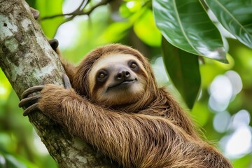 Fototapeta premium A leisurely sloth climbing a tree, surrounded by vibrant green foliage, depicting nature and wildlife in its habitat.