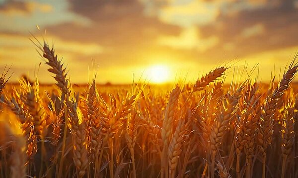 the sun is setting over a wheat field