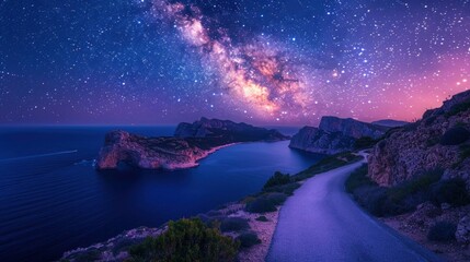 Naklejka premium Milky Way Stars over Far de Formentor Lighthouse and Illuminated Road in Mallorca, Spain at Night