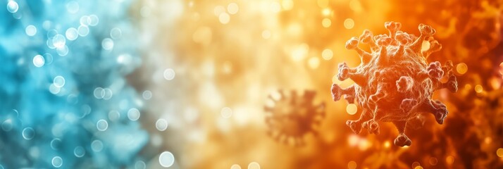 A close-up view of a virus particle against a blurred gradient background of orange and blue hues