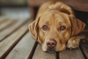 A dog lies down peacefully on wooden planks, creating a serene and cozy atmosphere with a blurred background.