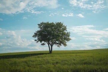 Obraz premium A single tree stands alone in the middle of a vast green landscape under a bright, partly cloudy sky on a sunny day.