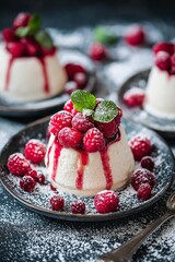 Mini panna cottas topped with fresh raspberries, raspberry sauce, dusted with powdered sugar and garnished with mint leaves.