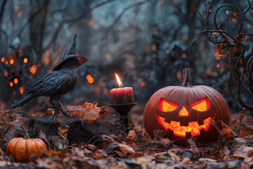 An eerie Halloween setup featuring a glowing jack-o'-lantern, a black crow wearing a witch hat, and a candle in a dark forest.