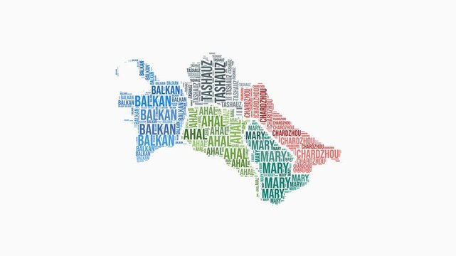 Turkmenistan regions word cloud animation. Country logo animated video. Turkmenistan colored text cloud. Regions typography style motion graphics. Trending video.
